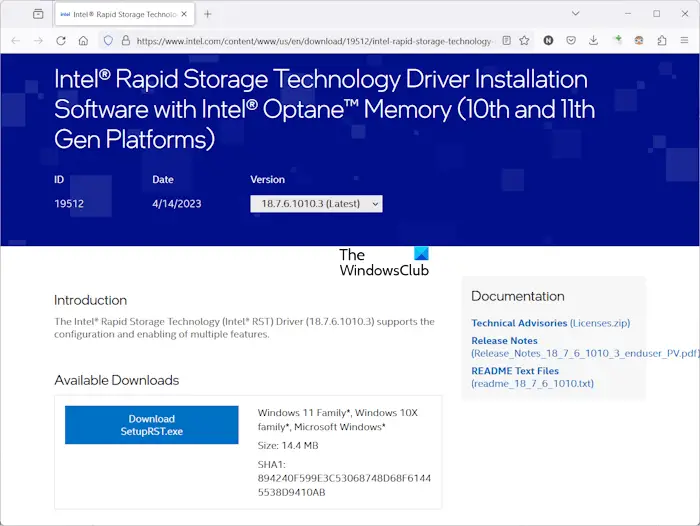 Install Intel Rapid Storage Technology driver