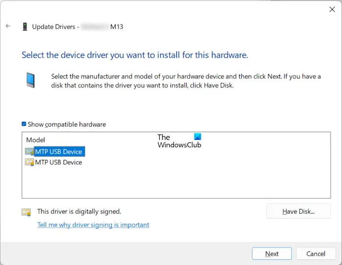 Install MTP USB Device driver