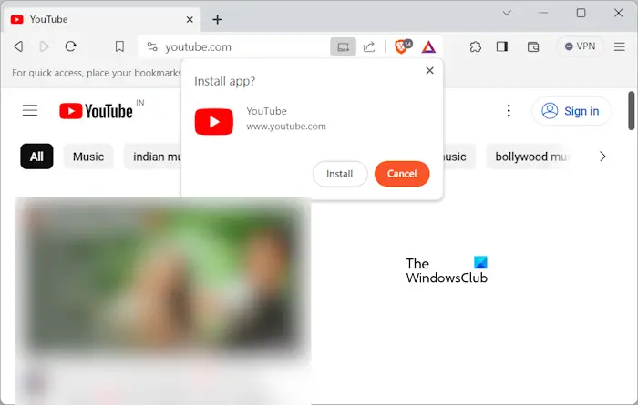 Install YouTube app from Brave