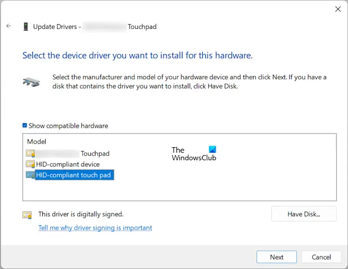 Install another compatible touchpad driver