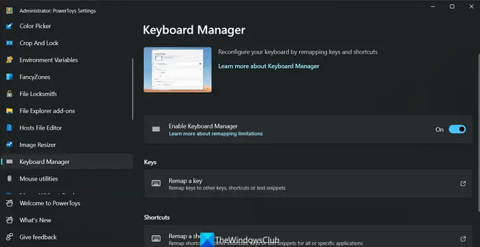 Keyboard manager on PowerToys