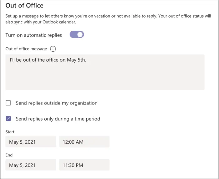Out of office timing and message