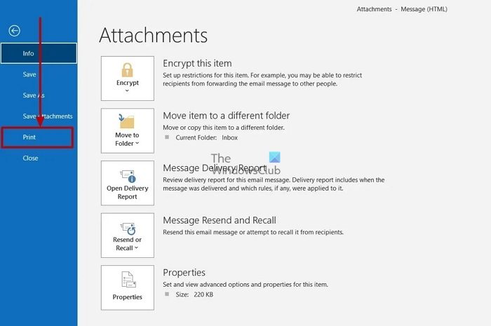 Outlook Print Menu