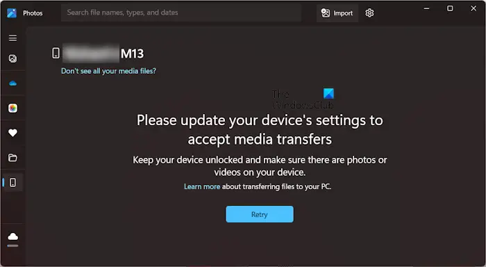 Please update your device’s settings to accept media transfers