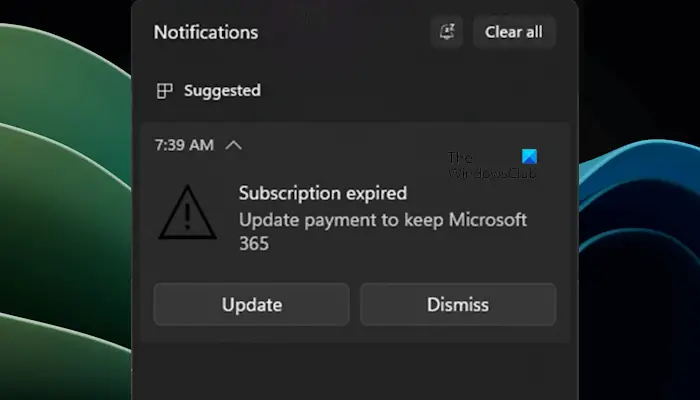 Notificación de suscripción caducada Microsoft 365