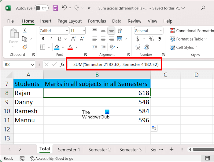 Sum range of cells in selected sheets