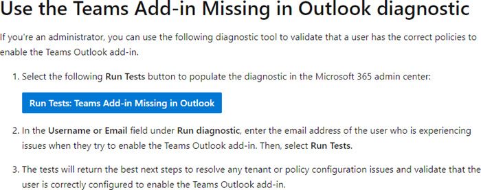 Teams Add-in Missing in Outlook diagnostic