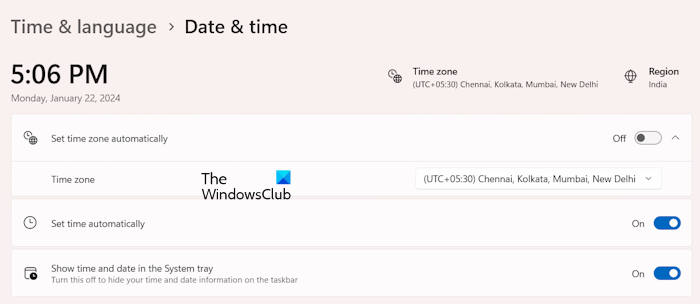 Time and date settings Windows 11