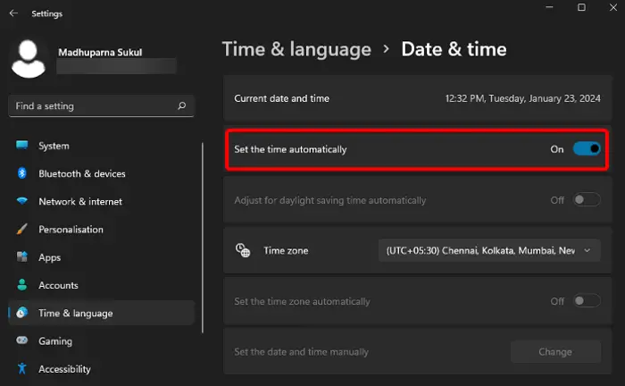 set time automatically on Windows 11/10