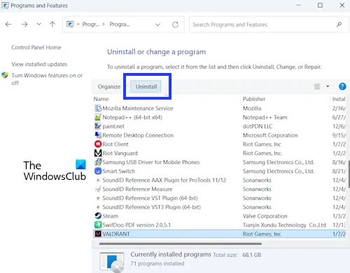 Uninstall Valorant via Control Panel