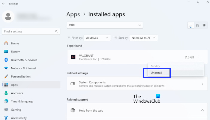 Uninstall Valorant via settings