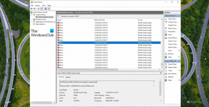 WLAN extensibility module has stopped