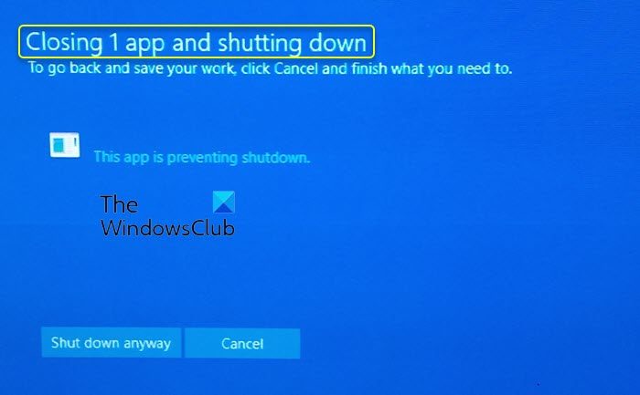 Windows closing 1 app and shutting down