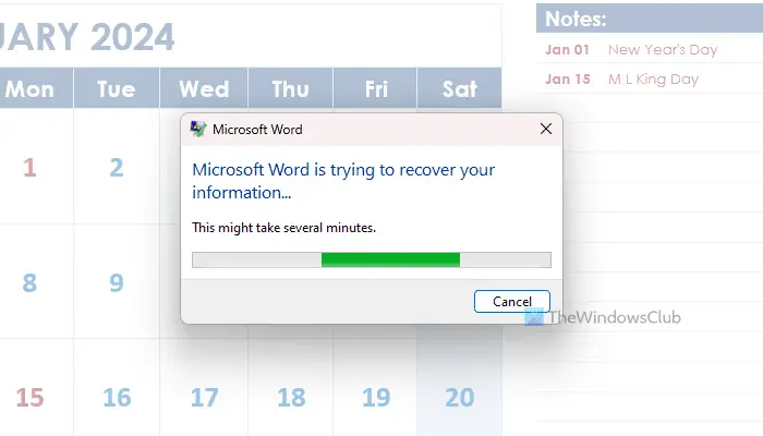 Microsoft Word está intentando recuperar su información