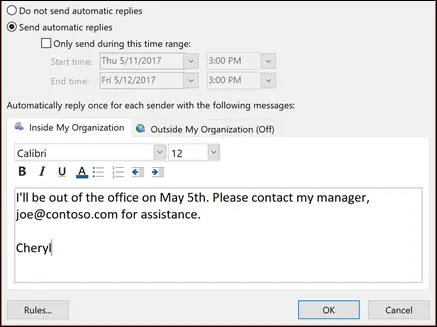 scheduled out of Office status in Outlook