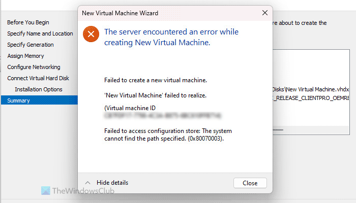 The server encountered an error while creating New Virtual Machine