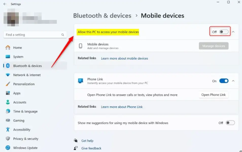 stop or allow this PC to access your mobile devices on Windows 11