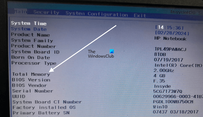 Check total RAM in BIOS