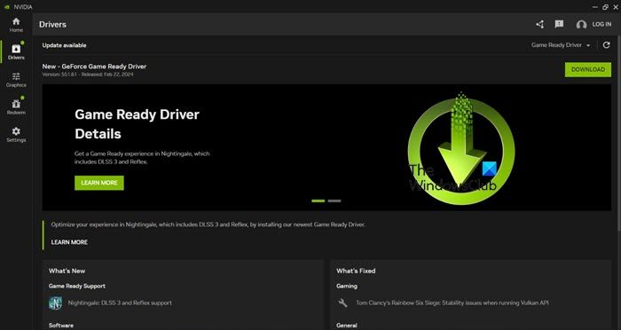 Drivers tab in NVIDIA app