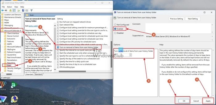 Group Policy Settings for Windows Defender Protection History Items Deletion
