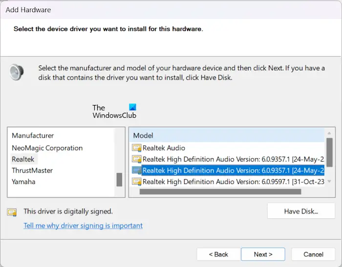 Install Realtek Audio driver Device Manager