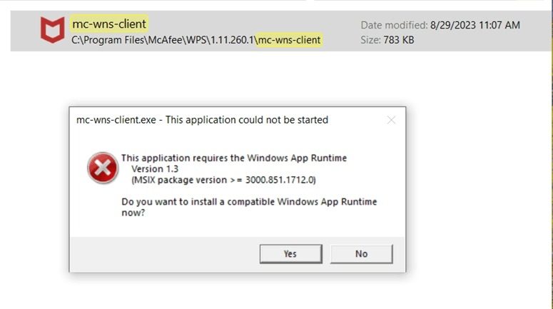 McAfee Security requires Windows App Runtime