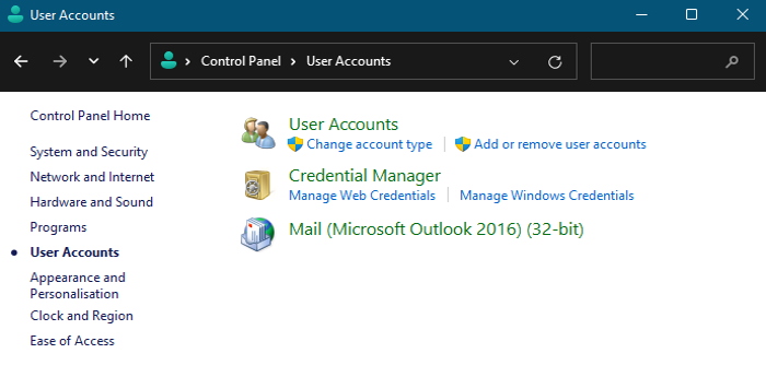 Outlook mail missing from Control Panel