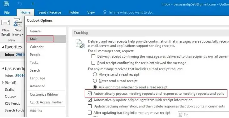 Outlook mail meeting request option