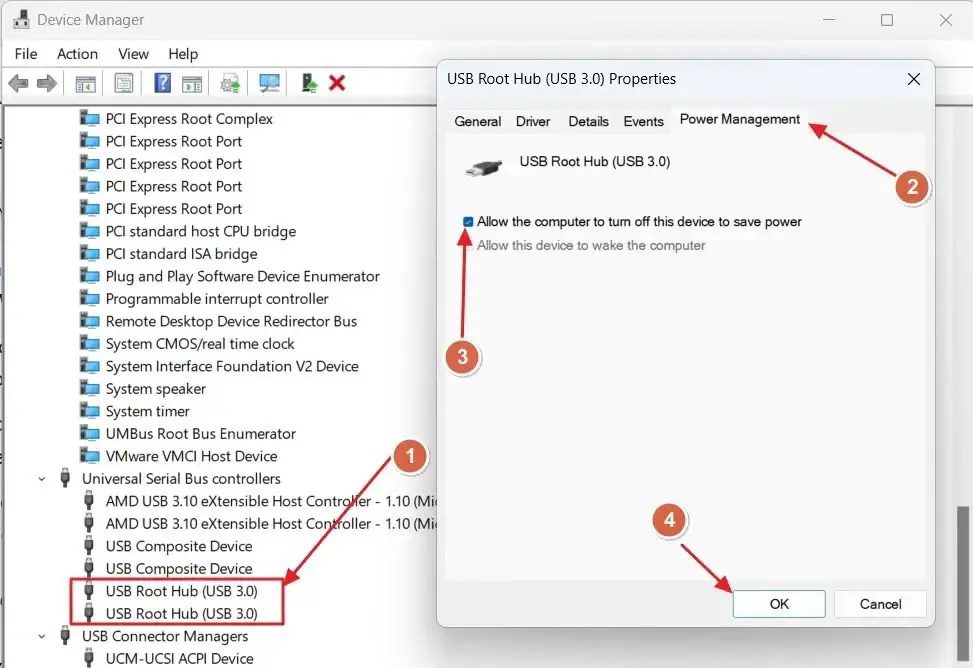 Turn off Power Management for Universal Serial bus Controller