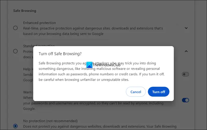 Turn off safe browsing on Chrome