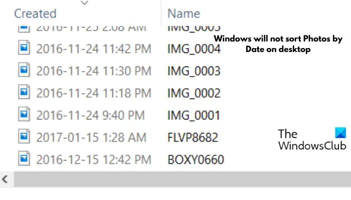 Windows will not sort Photos by Date on desktop