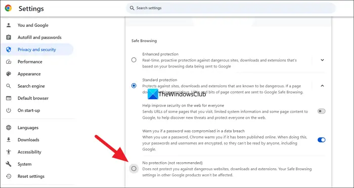 disable Safe browsing on Chrome