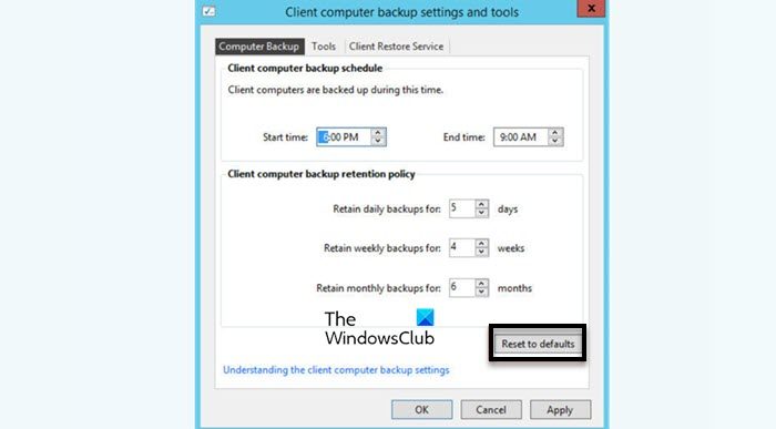 reset Windows Server Backup