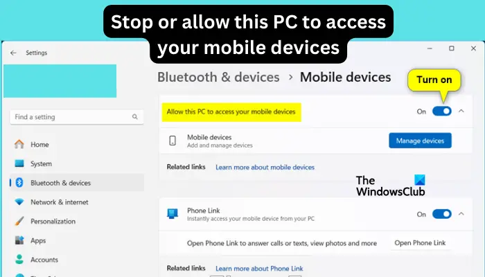 Stop or allow this PC to access your mobile devices