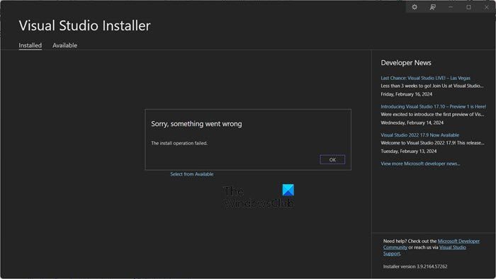 Visual Studio Installer stuck at installing package