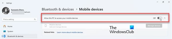 Allow this PC to access your mobile devices option