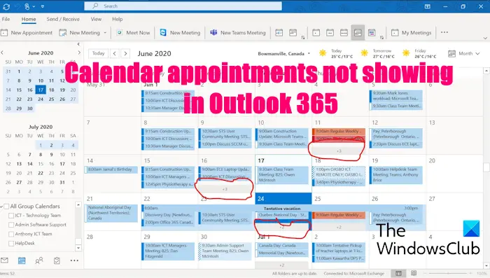 Calendar appointments not showing in Outlook 365