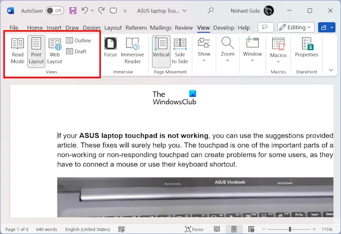 Change View mode in Word