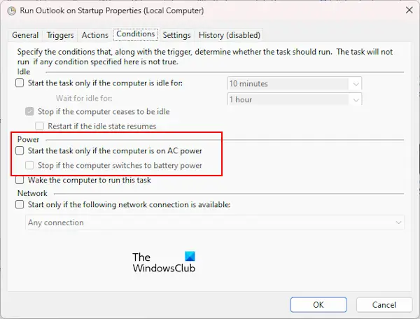 Configure conditions in Task Scheduler