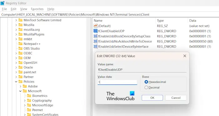 Modify Windows Registry for RDP session