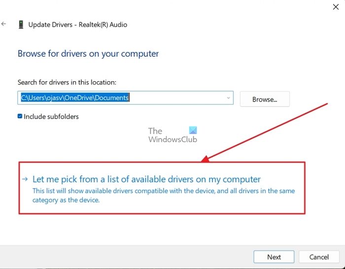 Pick from a list of avaialbale drivers in Windows Device Manager