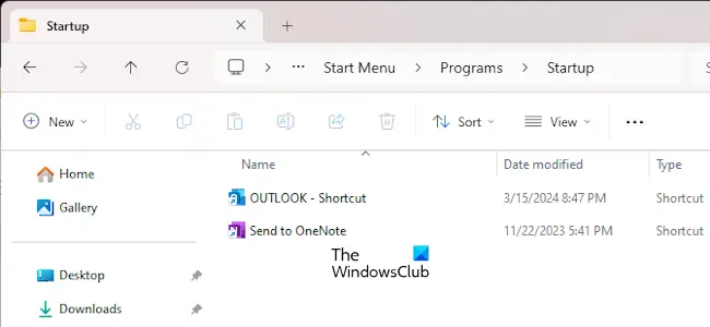 Place Outlook shortcut in Startup folder