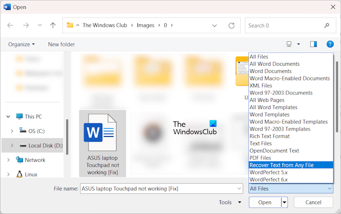 Recover text from any file