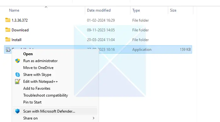 Scan with Microsoft Defender Google Updater