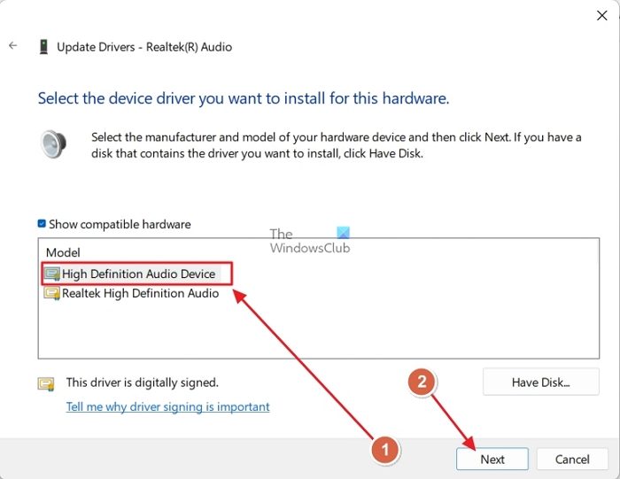 Switch to default hd audio device driver in Windows