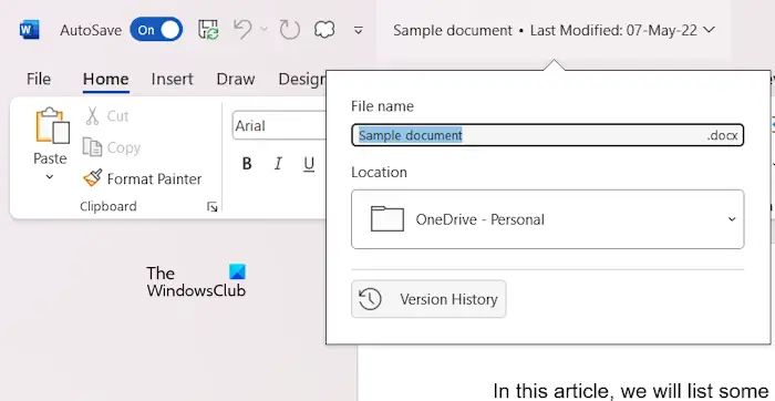 Version History in Word document