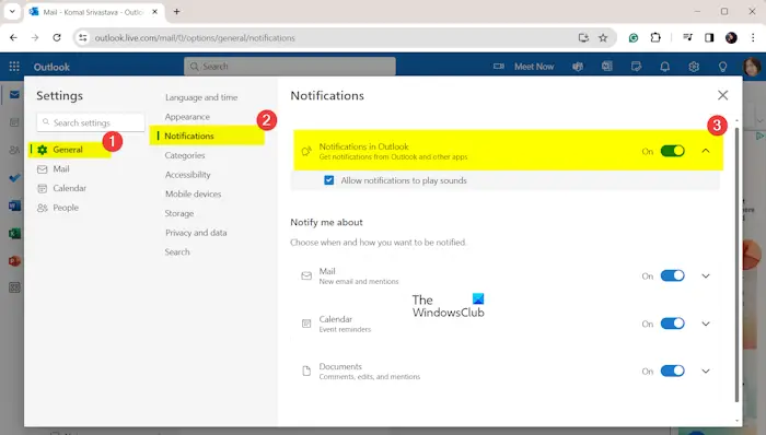 Outlook web notifications not working