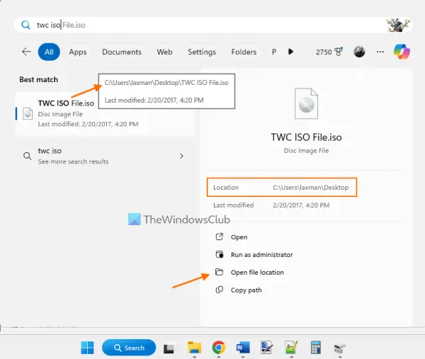 mounted iso file path using search