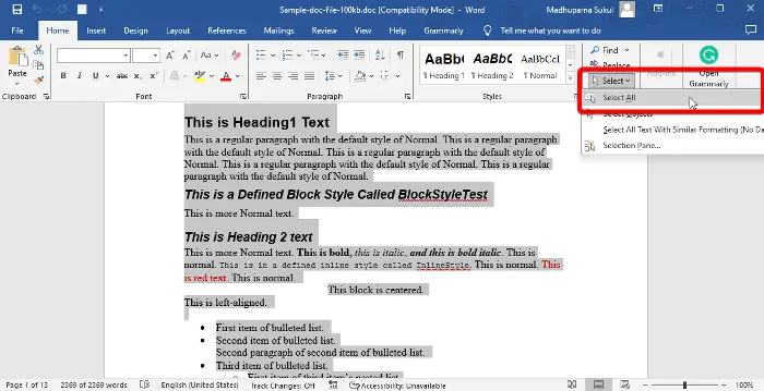 Select all or Specific words in Word
