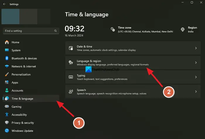 time and language on Windows